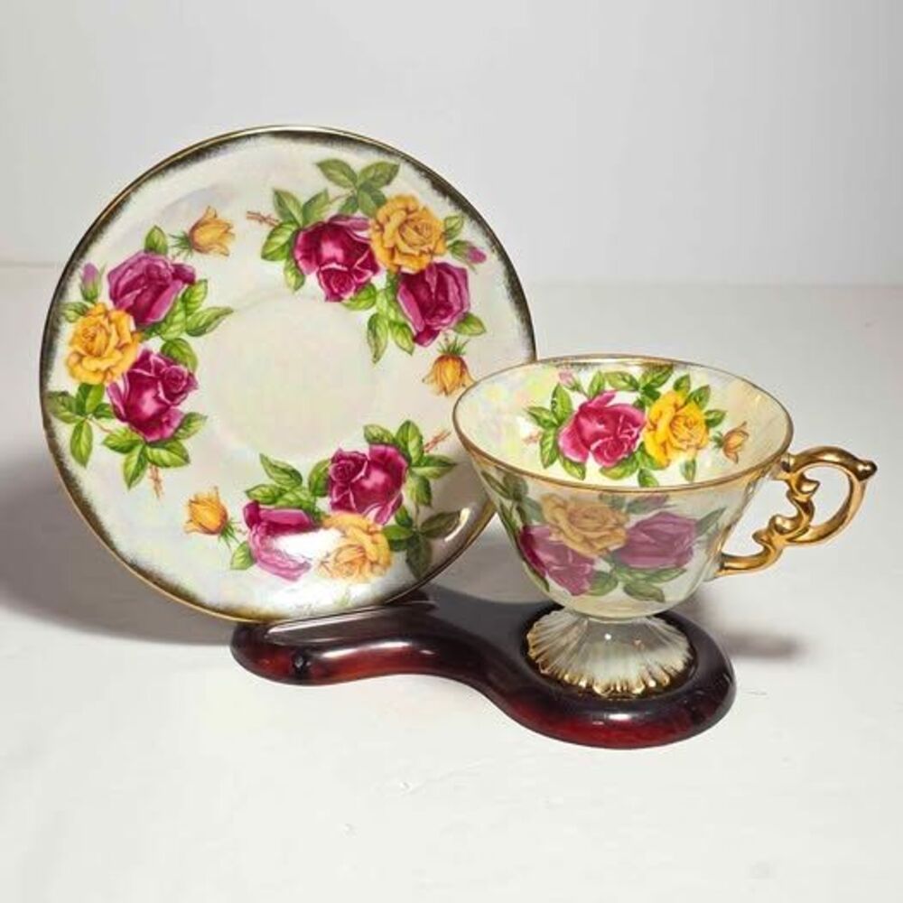 Ucagco Teacup and Saucer Pink Yellow Roses Vintage